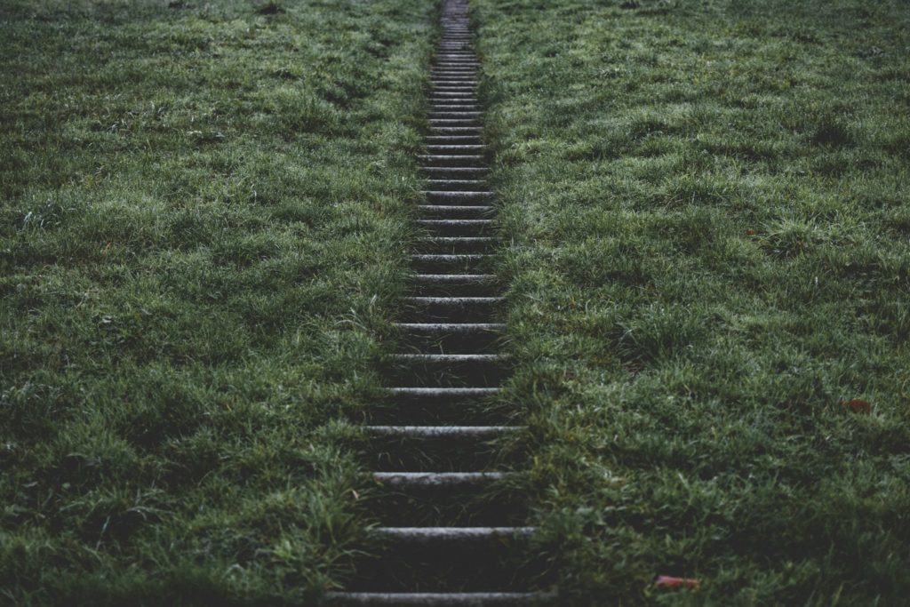 This image shows a steep vertical stone staircase between grass mountainside fields, representing the duality of mental health; existing in a beautiful and challenging world with the stairs being both a tough climb but an easier climb than without assistance.
